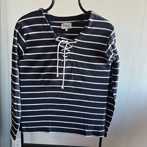 Hublot Navy and White Striped Top with Lace-Up Neck